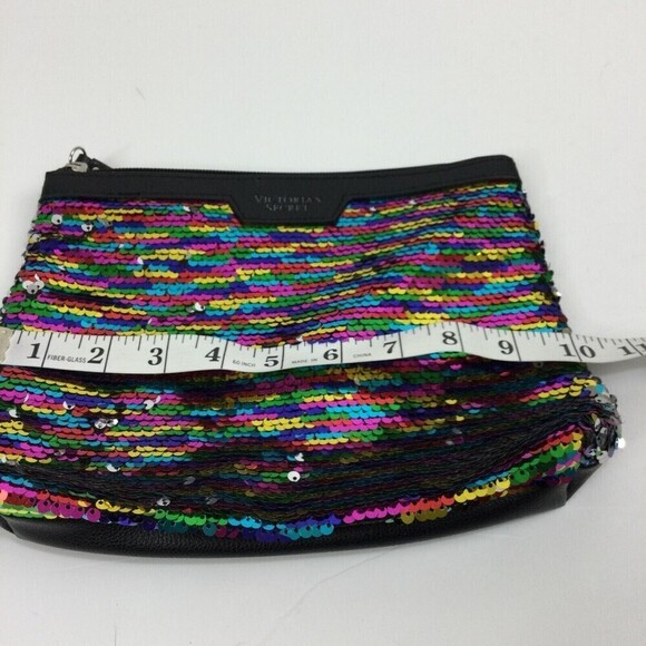 Victoria's Secret Black Silver Rainbow Sequin Makeup Cosmetic Bag Pouch Wristlet - Picture 5 of 7